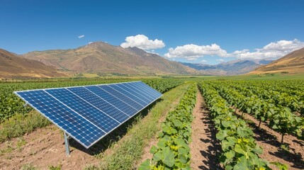 Solar panels in a field with mountains