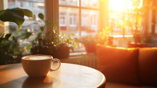 Latte art coffee, sunrise cafe, plant decor, cozy vibe