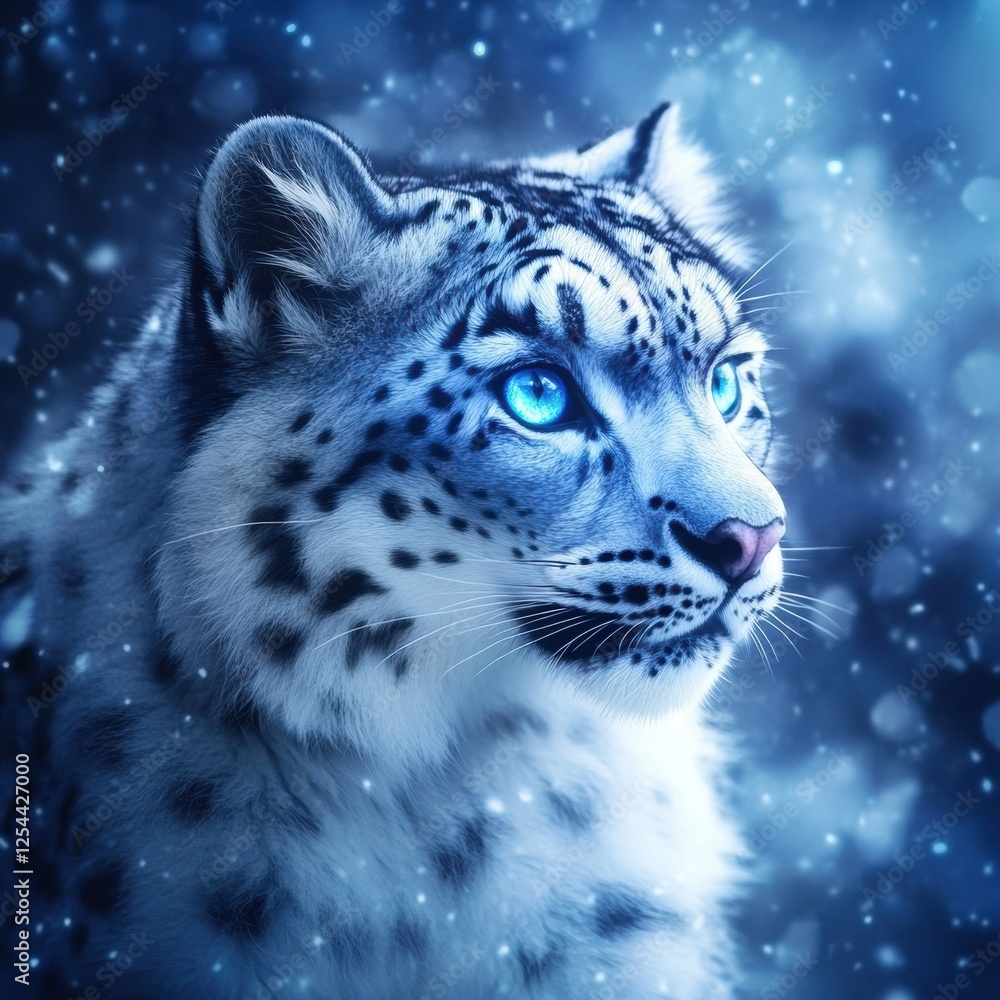 Poster snow leopard gazes intently in snowy landscape during twilight hours with captivating blue eyes. gen