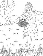 Easter coloring page girl finding eggs vector