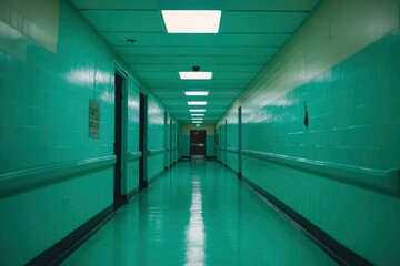 Obraz premium Long, empty hospital corridor with green walls and bright fluorescent lights illuminating the space