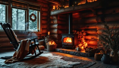 Obraz premium Cozy Cabin Fireplace Scene with Rocking Chair and Winter View