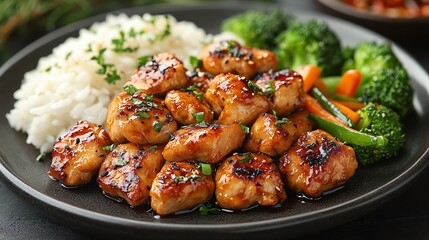 A delicious plate featuring tender, grilled chicken pieces glazed with a savory sauce, served alongside fluffy rice and fresh vegetables in a vibrant layout.