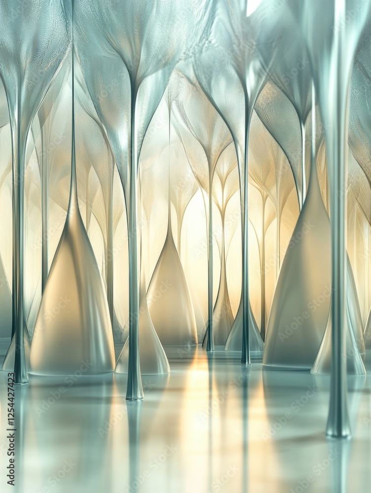 Leinwandbilder exploration of a glass forest featuring abstract tree shapes with glowing reflections at dusk. gener