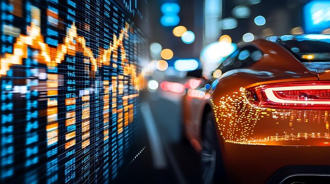 Orange car drives past stock market display in city at night. Use for business.