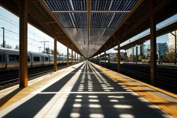 Sunlit train station platform with solar panels, showcasing modern architecture and urban scenery