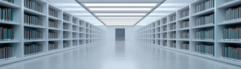 Modern library interior featuring rows of bookshelves.