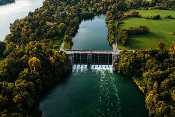 Fototapeta premium Aerial view of a dam regulating river flow amidst lush greenery and serene landscape