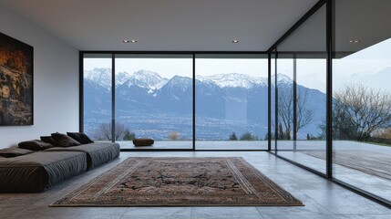 Modern living room with panoramic mountain view and stylish decor.