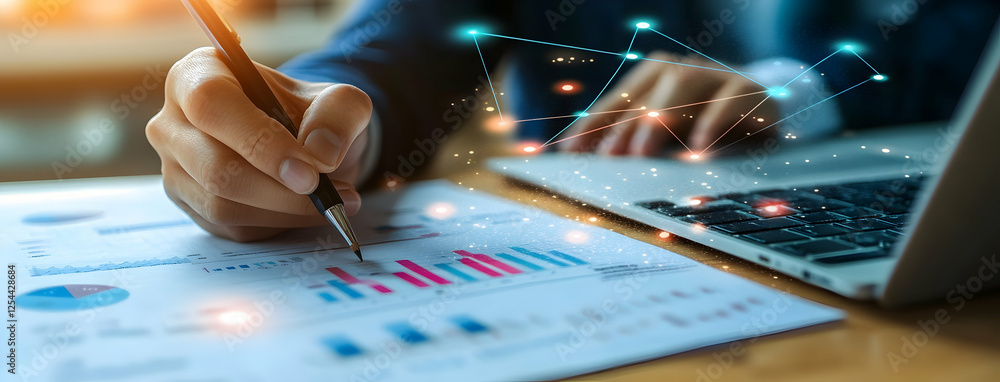 Poster data-driven insights, a business professional analyzing financial charts with a laptop and network v