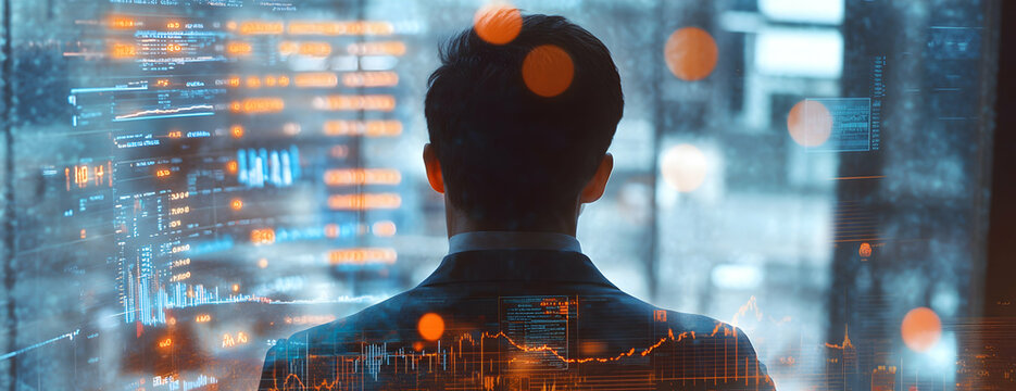 Financial Analyst contemplating market data, illuminated by stock charts reflecting on glass, showcasing strategic thinking and advanced technology utilization