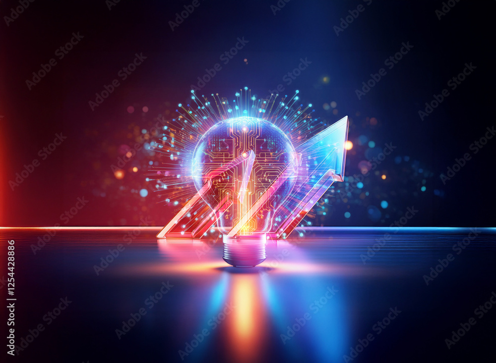Poster a vibrant double exposure image of a light bulb filled with digital lines and glowing particles, cre