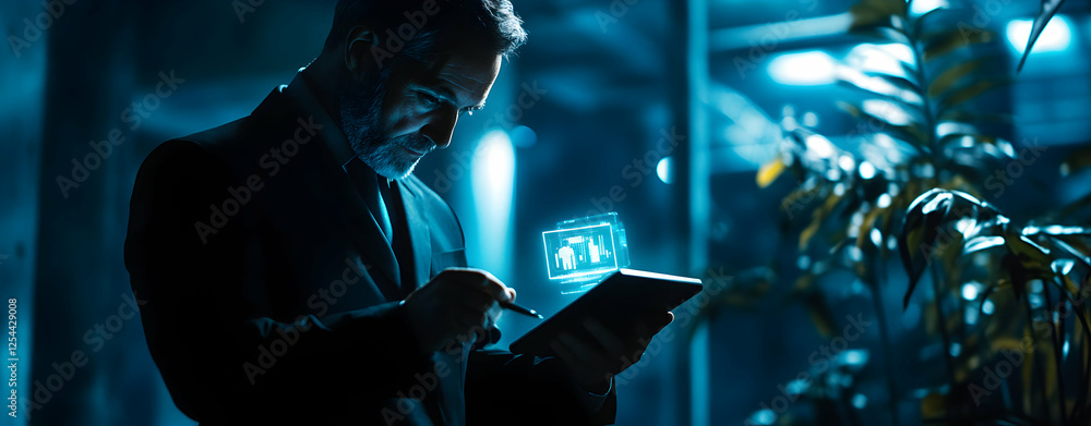 Poster modern businessman immersed in digital data analysis, navigating future technology on tablet with au