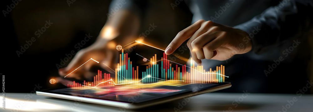 Poster interactive data analysis, hand interacting with financial charts on a modern tablet display for sma