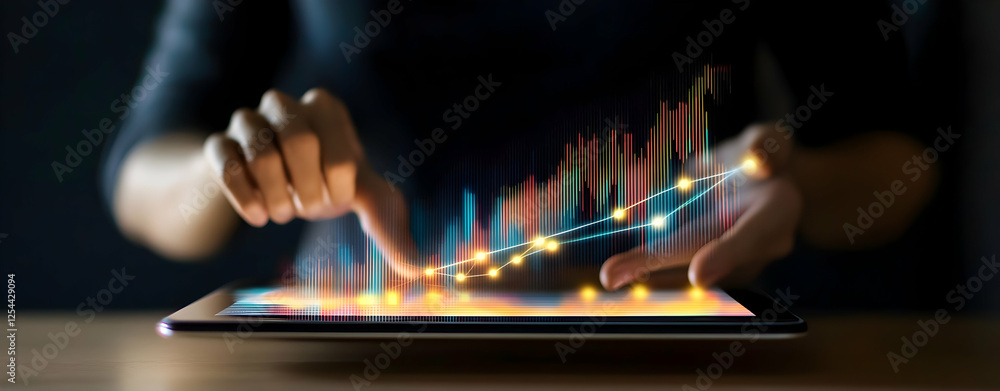 Poster analyzing financial growth via interactive data on a tablet screen, demonstrating progress and advan