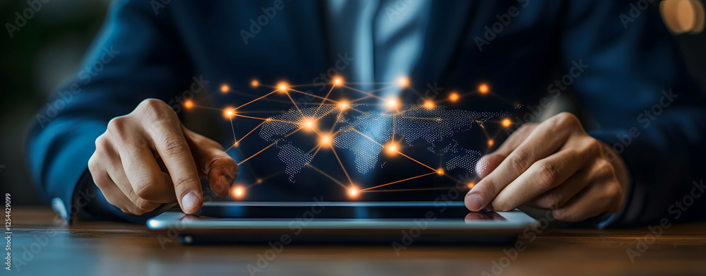 Poster navigating global connections, a businessman's touch on digital networks and worldwide communication