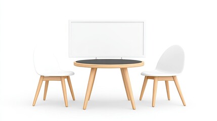 Modern minimalist dining setup featuring a round table with two white chairs against a bright backdrop