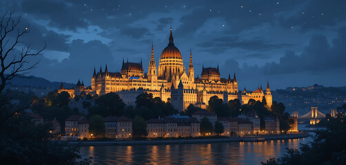 Obraz premium Illustrate the Fisherman's Bastion in Budapest at night, with its fairytale-like architecture glowing against the night sky.