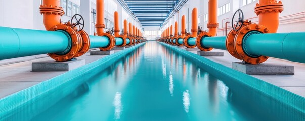Modern water treatment facility with blue pipes and valves.