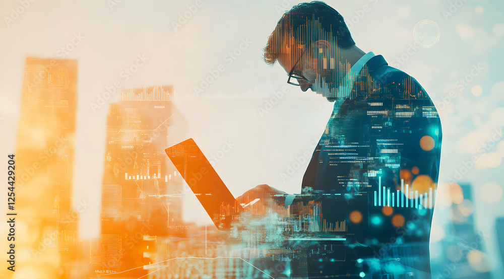 Poster businessman's convergence with technology represented through layers of cityscapes and data visuals 