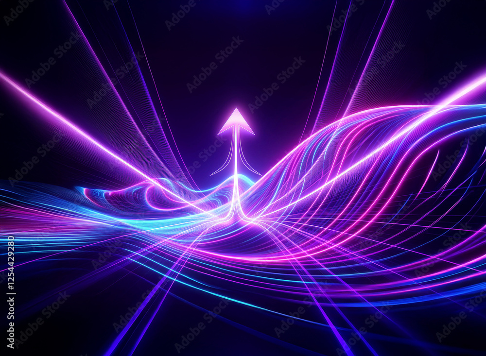 Poster vibrant light streaks create an arrow pointing upwards, with a double exposure effect. neon lines in