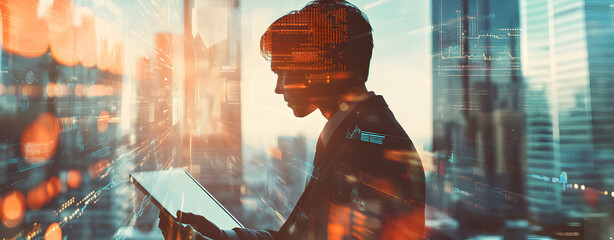 Contemplative executive analyzing data on a tablet with a vibrant cityscape and financial overlays merging technology with urban business landscapes