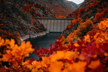 Autumn landscape featuring vibrant orange and red foliage surrounding a serene reservoir and dam