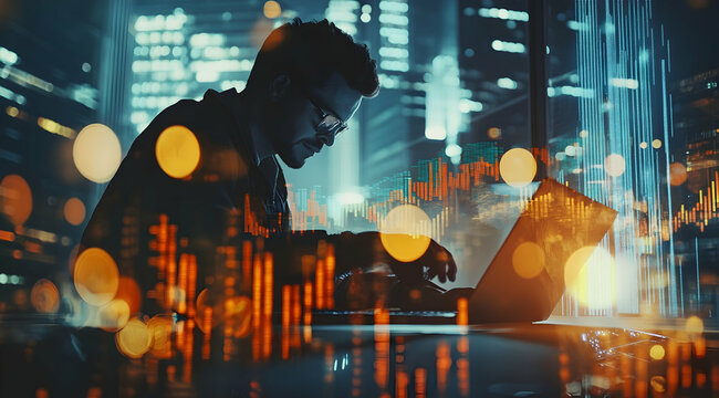 Intricate financial analysis blending a determined analyst with radiant cityscapes and dynamic market data streams offering an immersive perspective