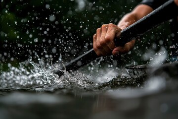 Close-up of a hand gripping a paddle as it splashes through water droplets in a serene outdoor setting