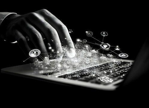 Intricate digital interface being navigated by a user, highlighting the complexity and interconnectedness of modern technology and digital solutions