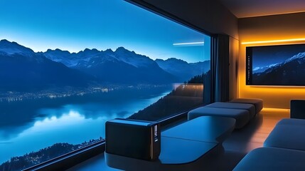 Fototapeta premium Minimalist interior of a futuristic villa with large windows overlooking mountains and a lake at dusk. The dark blue color scheme, soft lighting, and sleek furniture create a modern and sophisticated 