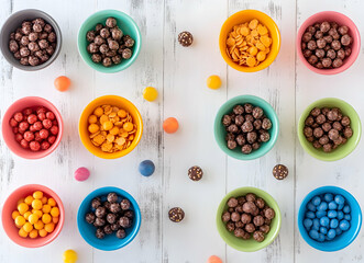 A vibrant and playful collection of breakfast cereals and candies arranged in colorful bowls on a white wooden surface, creating a cheerful and inviting scene