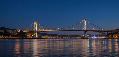 Obraz premium Visualize the 25 de Abril Bridge in Lisbon at night, with the bridge illuminated and reflecting in the Tagus River.