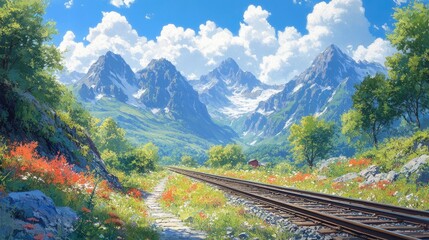 Fototapeta premium Scenic mountain landscape with vibrant flowers and railway tracks under a blue sky