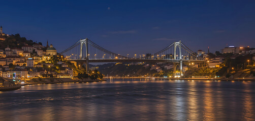 Visualize the 25 de Abril Bridge in Lisbon at night, with the bridge illuminated and reflecting in the Tagus River."