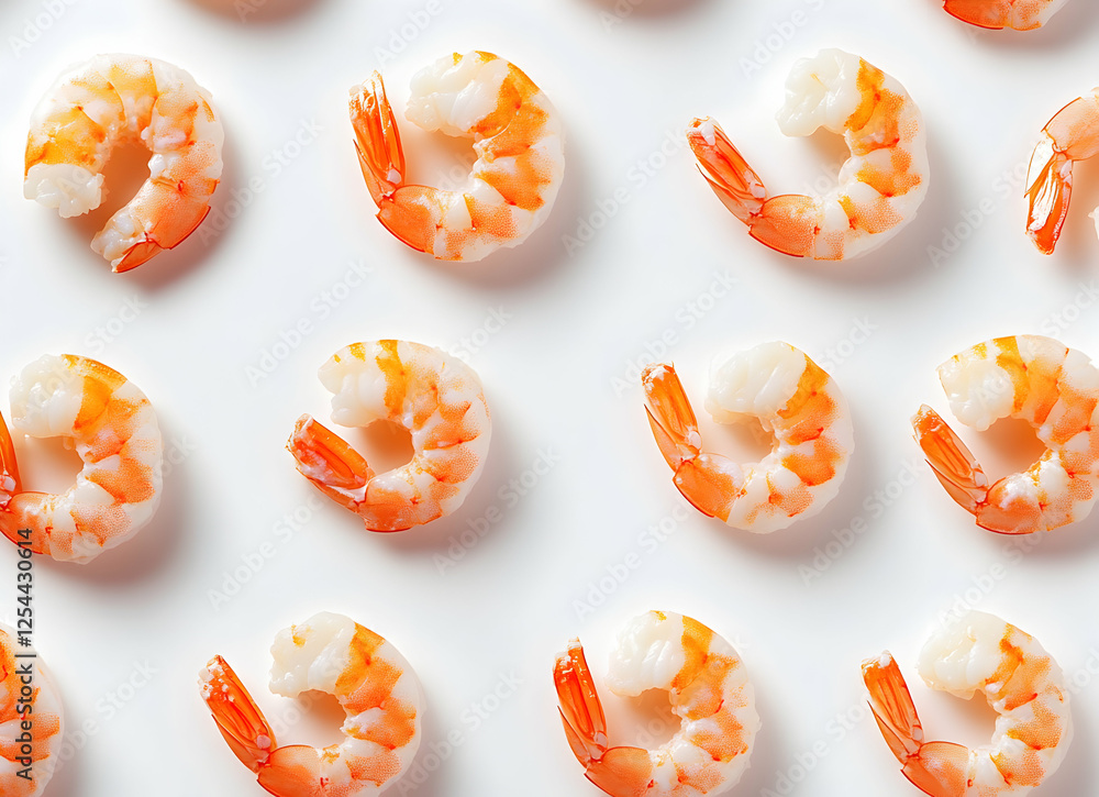 Poster artistic shrimp pattern, a visually appealing repetition of curled shrimp, ideal for culinary themes