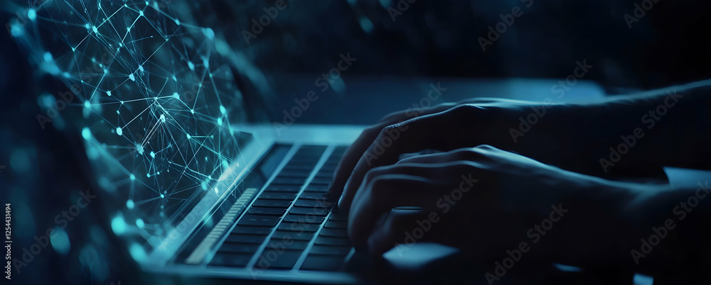 Poster cybernetic interface, fingers typing on a laptop with a glowing network overlay, representing digita