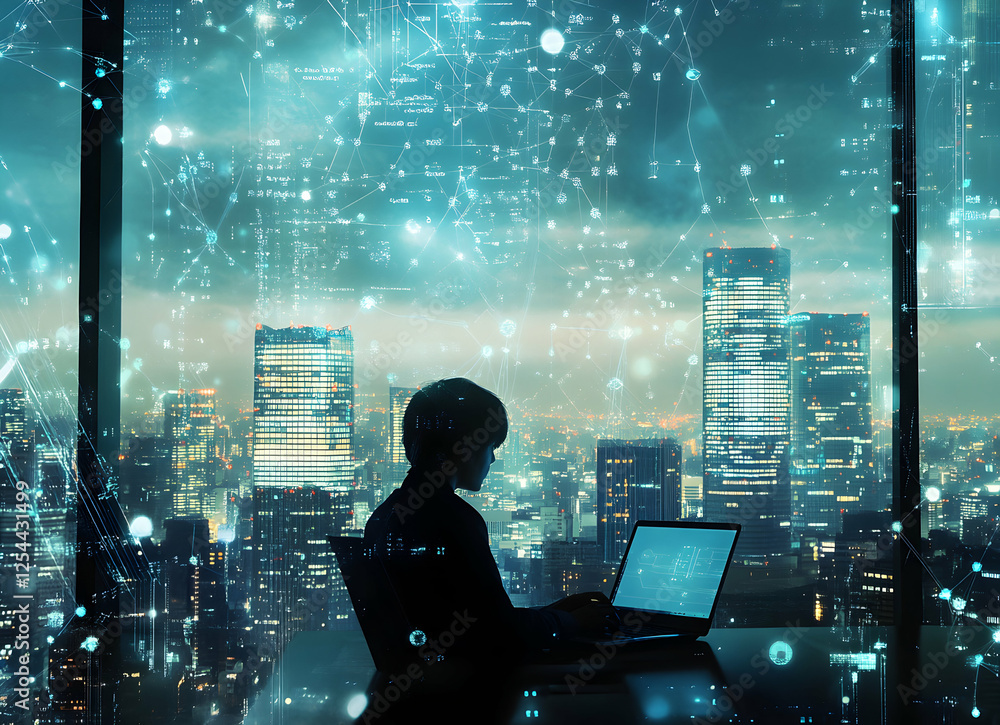 Poster person coding in high-rise office with futuristic overlay of data and cityscape, balancing work and 