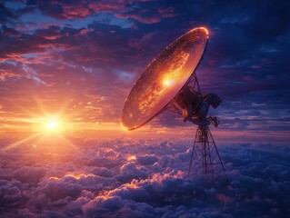 Stunning satellite dish receiving signals at sunset.