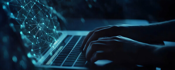 Cybernetic Interface, Fingers typing on a laptop with a glowing network overlay, representing digital connectivity and data streams in the modern age