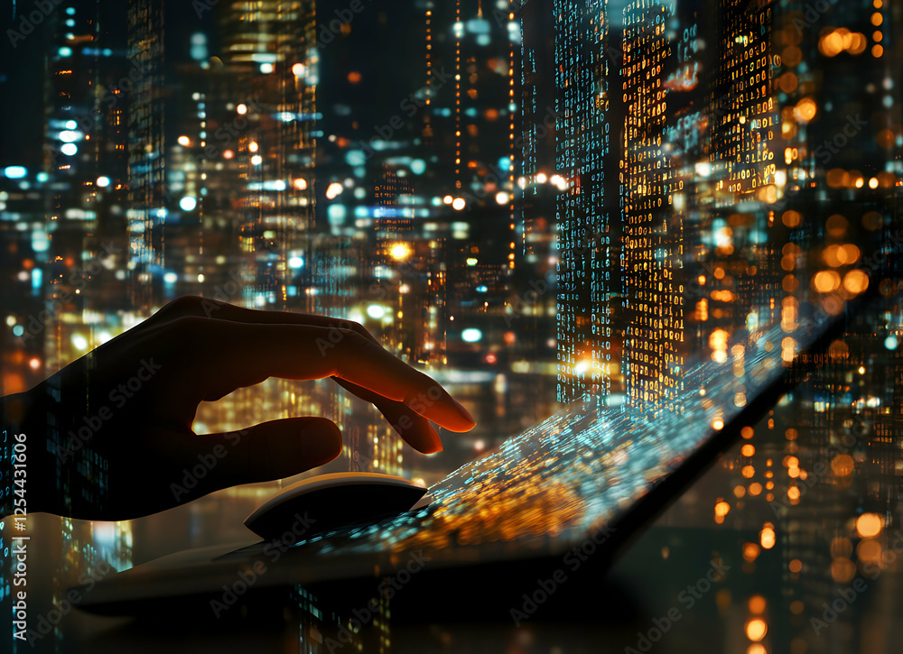 Poster nighttime coding, a hand navigates a laptop amidst a city lights backdrop infused with data streams 