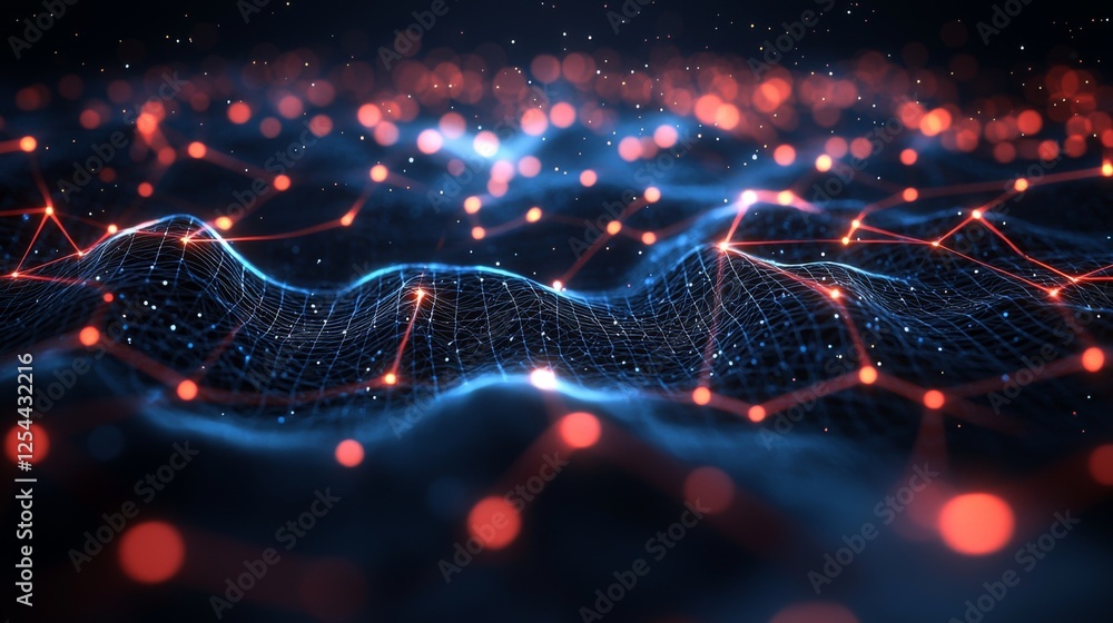 Poster abstract digital landscape with glowing nodes and lines in dark space representing technology and co
