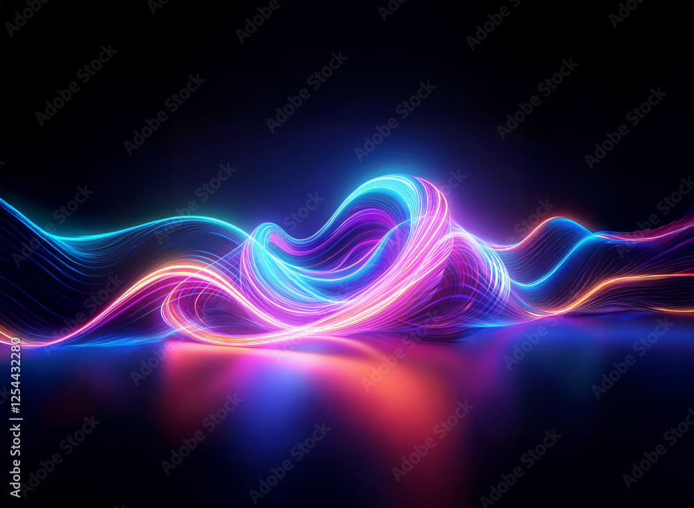 Poster vibrant, wavy lines in double exposure style glow against a dark backdrop, creating a dynamic and ab
