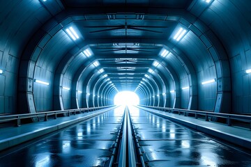 Futuristic underground tunnel with bright light at the end of the gleaming tracks