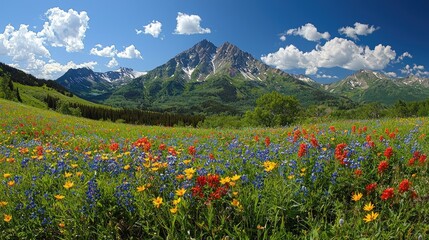 Vibrant wildflower meadow in the foreground with majestic mountains and blue sky backdrop