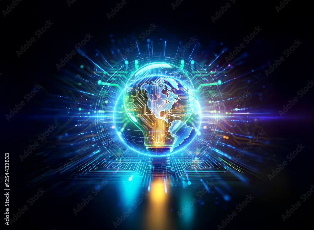 Poster A glowing globe with radiating blue lines and circuitry, creates a double exposure effect on a dark background, representing technology and global connectivity.