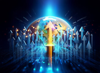 Obraz premium Digital double exposure art featuring a glowing globe with numerous arrows pointing upwards. Bright light illuminates the scene, suggesting technological advancement and global growth.