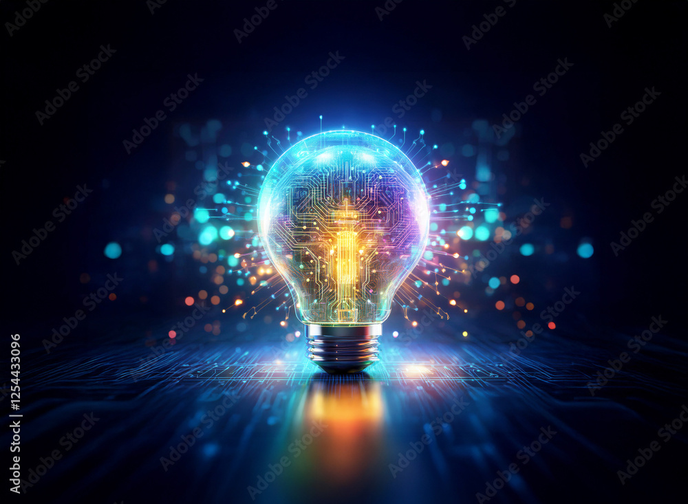 Poster a luminous light bulb with a double exposure effect, blending technology and illumination. glowing c