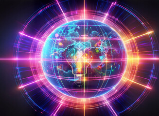 Obraz premium A double exposure image shows a glowing globe inside a light bulb, surrounded by vibrant neon lines, radiating energy in a futuristic and abstract design.