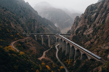 Obraz premium A scenic view of a railway bridge crossing a mountainous landscape with fog and autumn foliage
